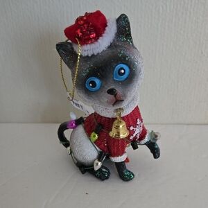 Festive Cat Ornament with Bell And Lights - Black, White, Red